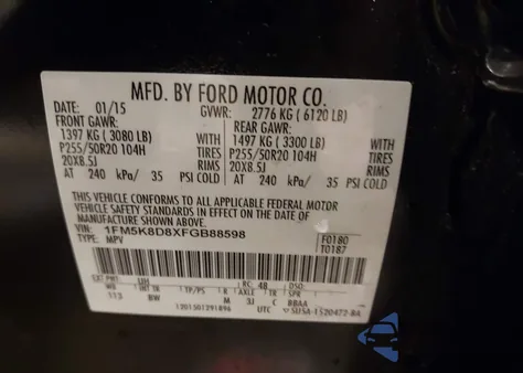 2015 Ford Explorer Xlt z USA, uszkodzony, nr VIN 1FM5K8D8XFGB88598